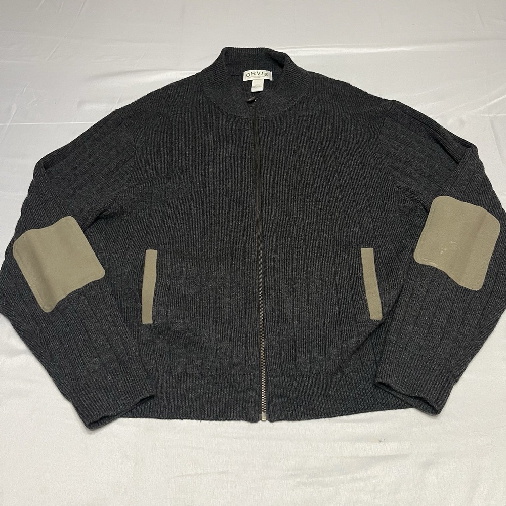 Orvis Cardigan Sweater Mens 2XL Gray 100% Wool Knit Full Zip Elbow Patches